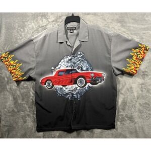 Vintage Hot Rod Flames No Boundaries Red Corvette Tiger Mens Shirt XL